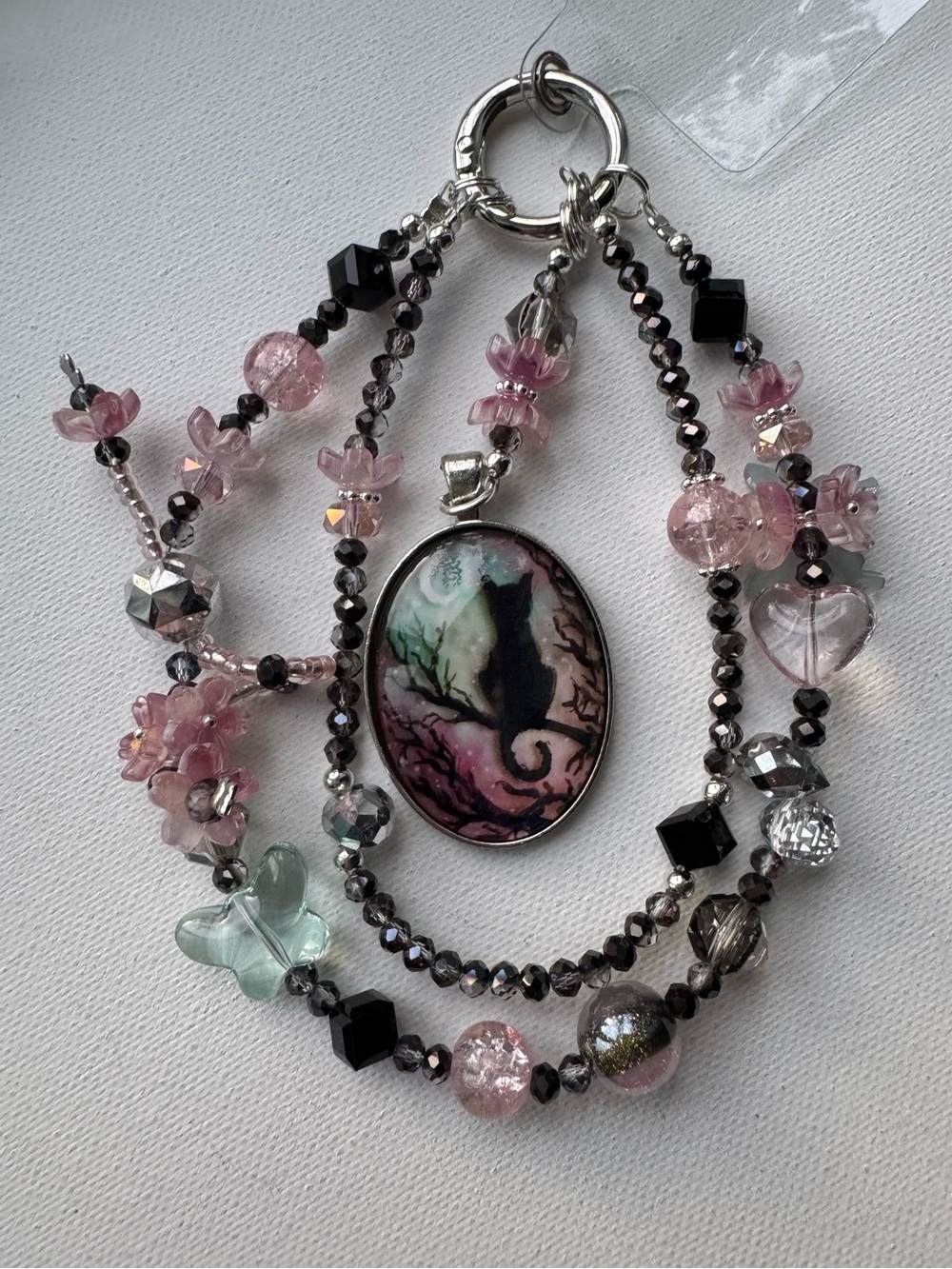 Handcrafted Pink & Black Cat Silhouette Pendant Phone Charm.